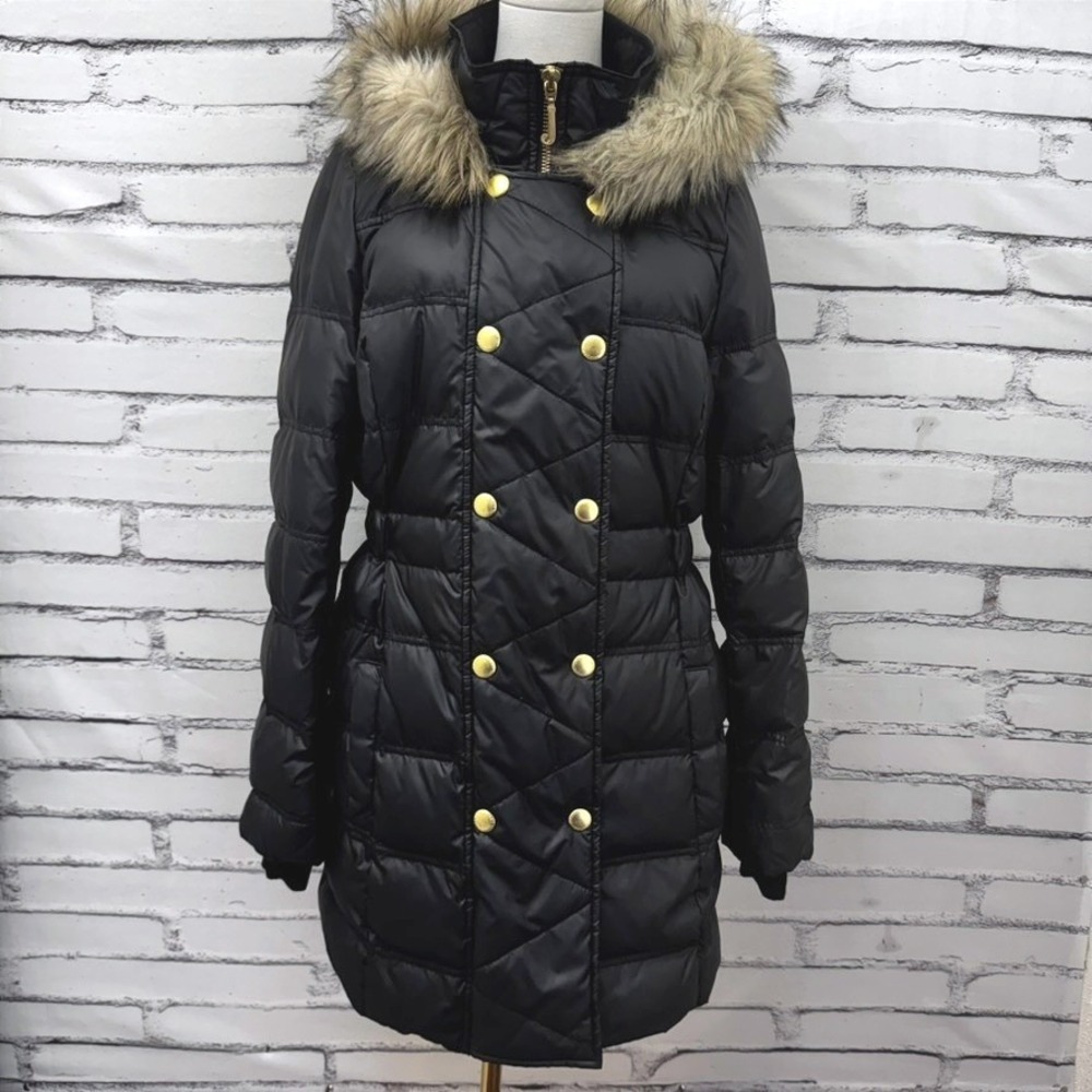 Juicy Couture Y2K 60/40 Down Puffer Coat Faux Fur Hood Black Large